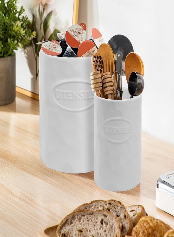 KJEC Utensil Holder, 7.3"+5.4" Ceramic Kitchen Utensil Holder Set of 2, Cooking Utensil Crocks for Countertop, Large Morden Farmhouse Utensil Vase for Housewarming, Kitchen Decor, White - Image 5